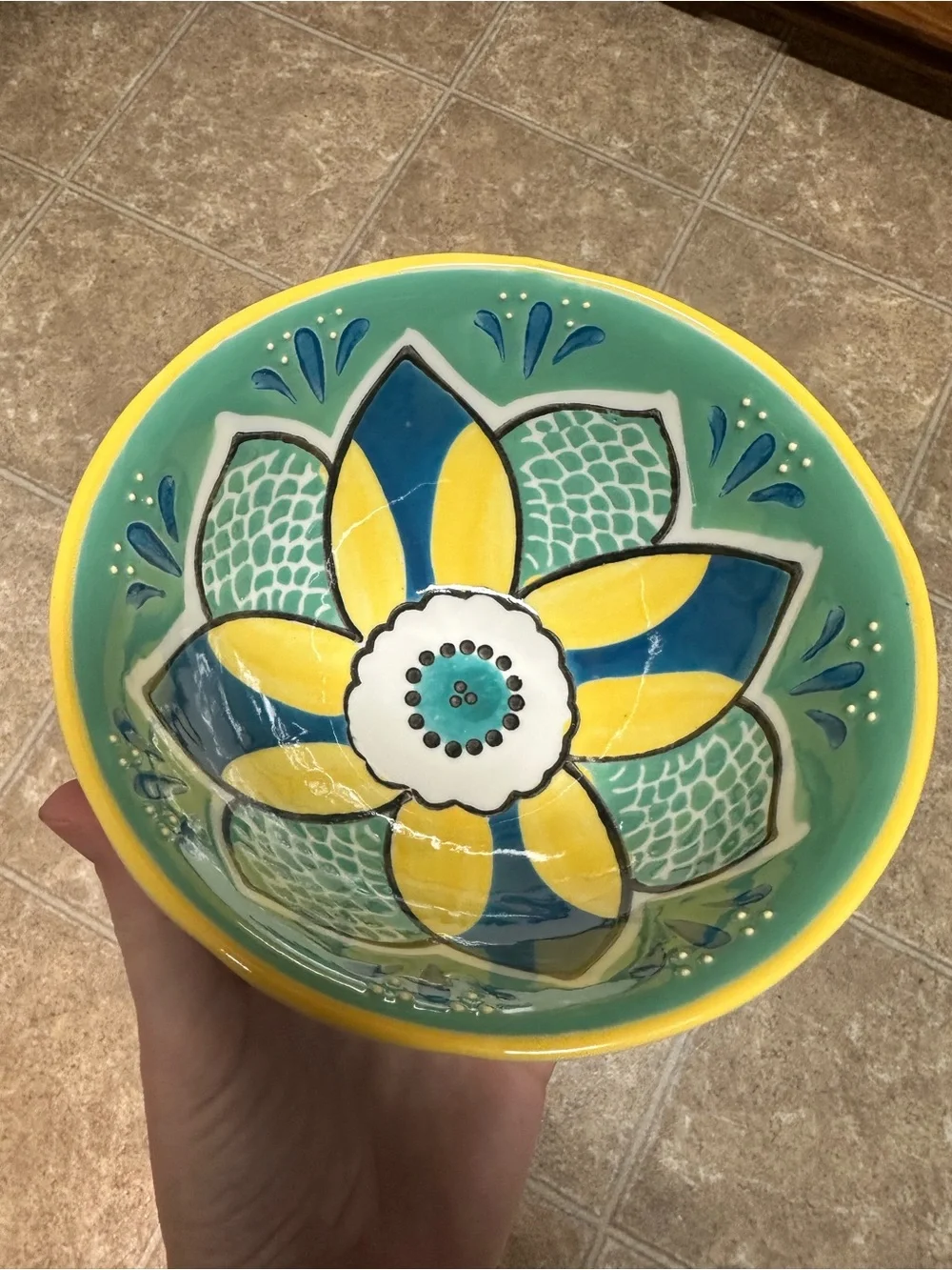 Anthropologie Ceramic Cereal Bowl Teal Yellow Blue